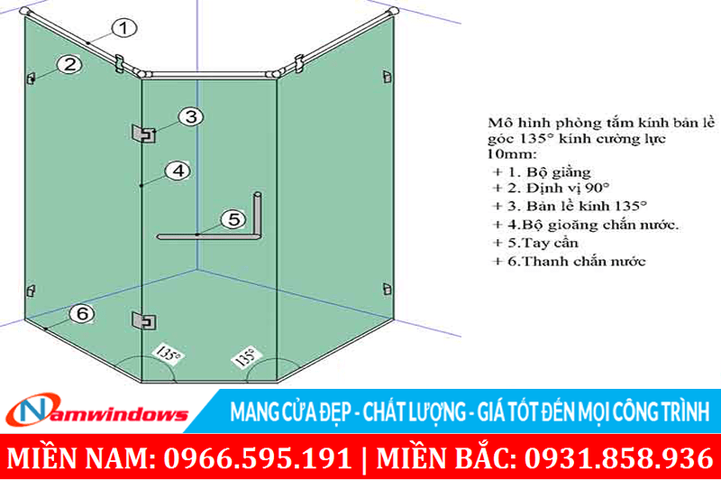 Cấu tạo sơ bộ của cửa kính phòng tắm 135 độ