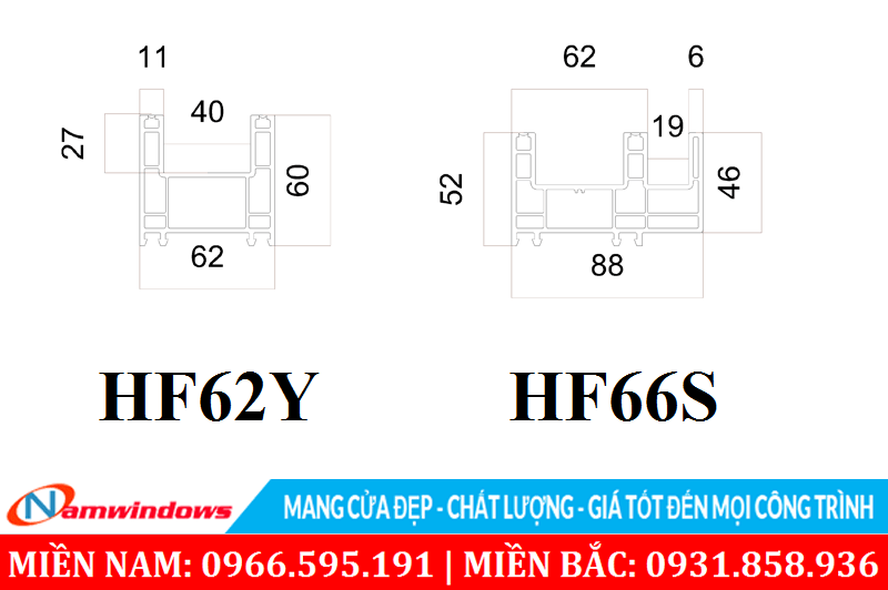 Khung bao cửa sổ lùa HF62Y và HF88S