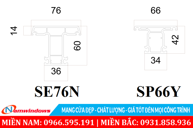 Đố chia ô cửa mở ra vào SE76N và hệ cửa trượt SP66Y