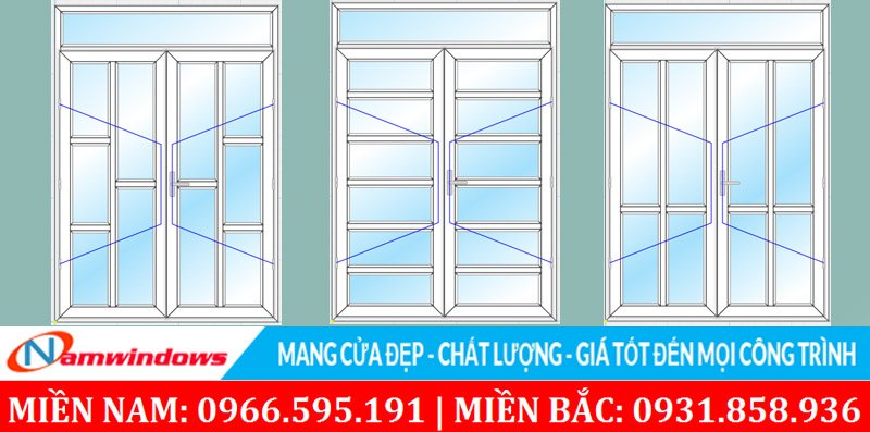 Mẫu chia ô cửa đi 2 cánh sử dụng 2 cây đố ngang