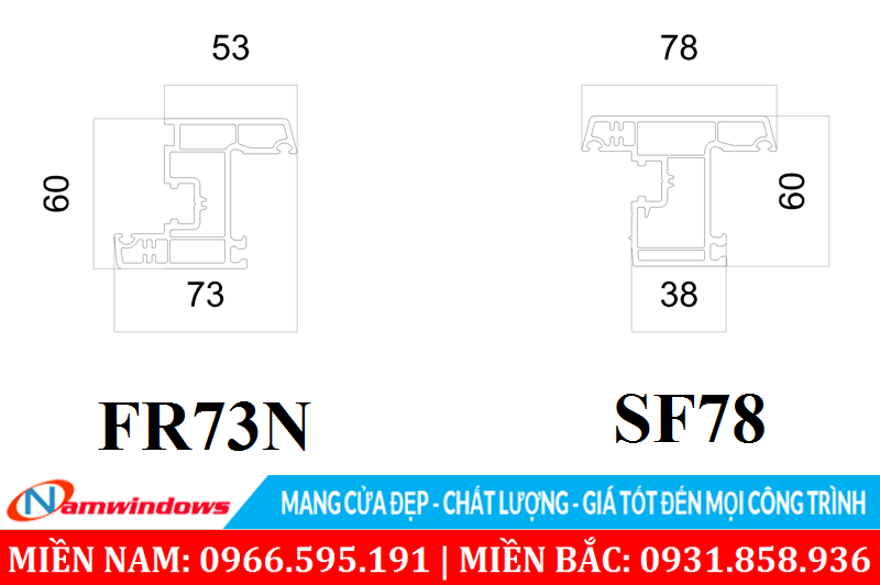 Cánh cửa sổ mở vào trong FR73N và mở ra ngoài SF78C