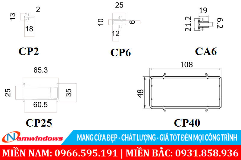 Mặt cắt các thanh ghép nối liên kết các khung cửa thanh một khung