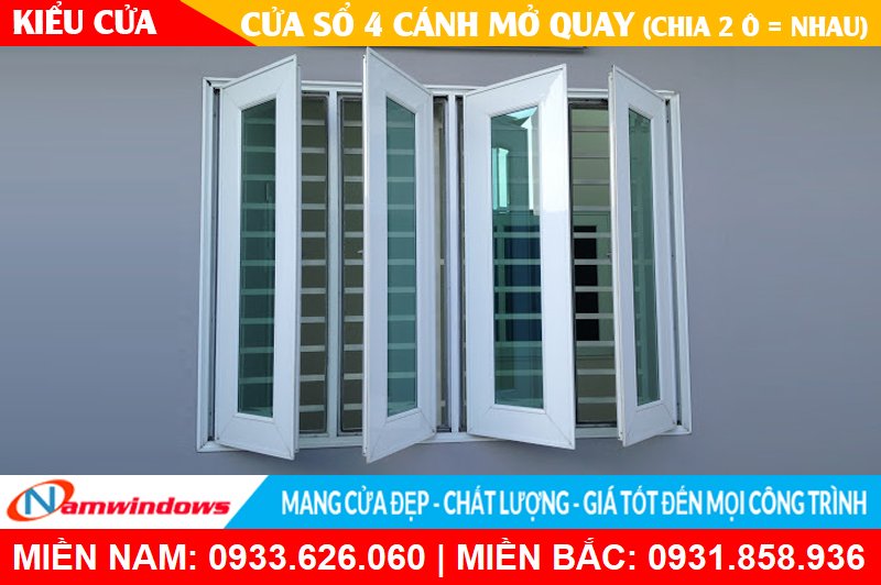Kiểu cửa sổ 4 cánh mở quay (Chia 2 ô cửa bằng nhau)