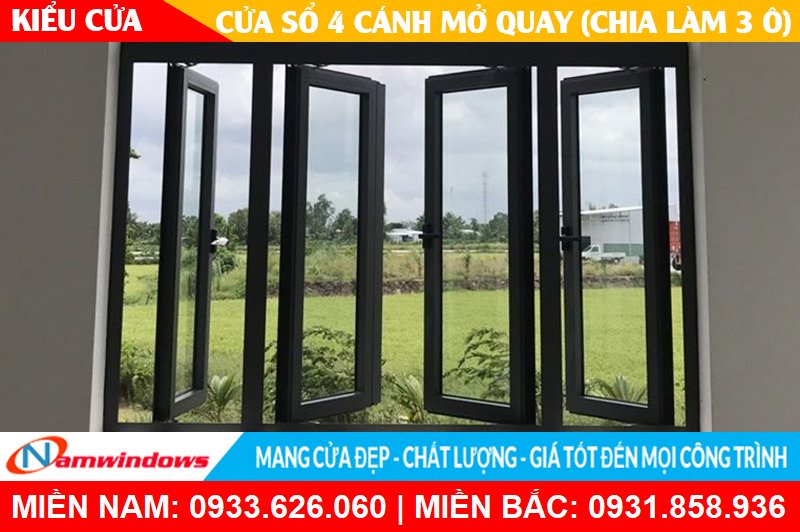 Kiểu cửa sổ 4 cánh mở quay (Chia 3 ô)