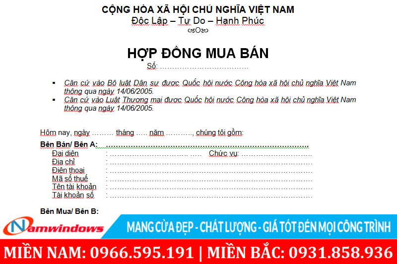 Mẫu hợp đồng cửa nhựa lõi thép, cửa nhôm, cửa gỗ, cửa sắt và cửa cuốn