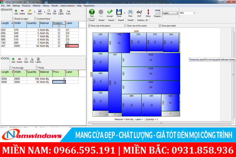 Phần mềm tự tính toàn chia cắt kính và tối ưu dư thừa