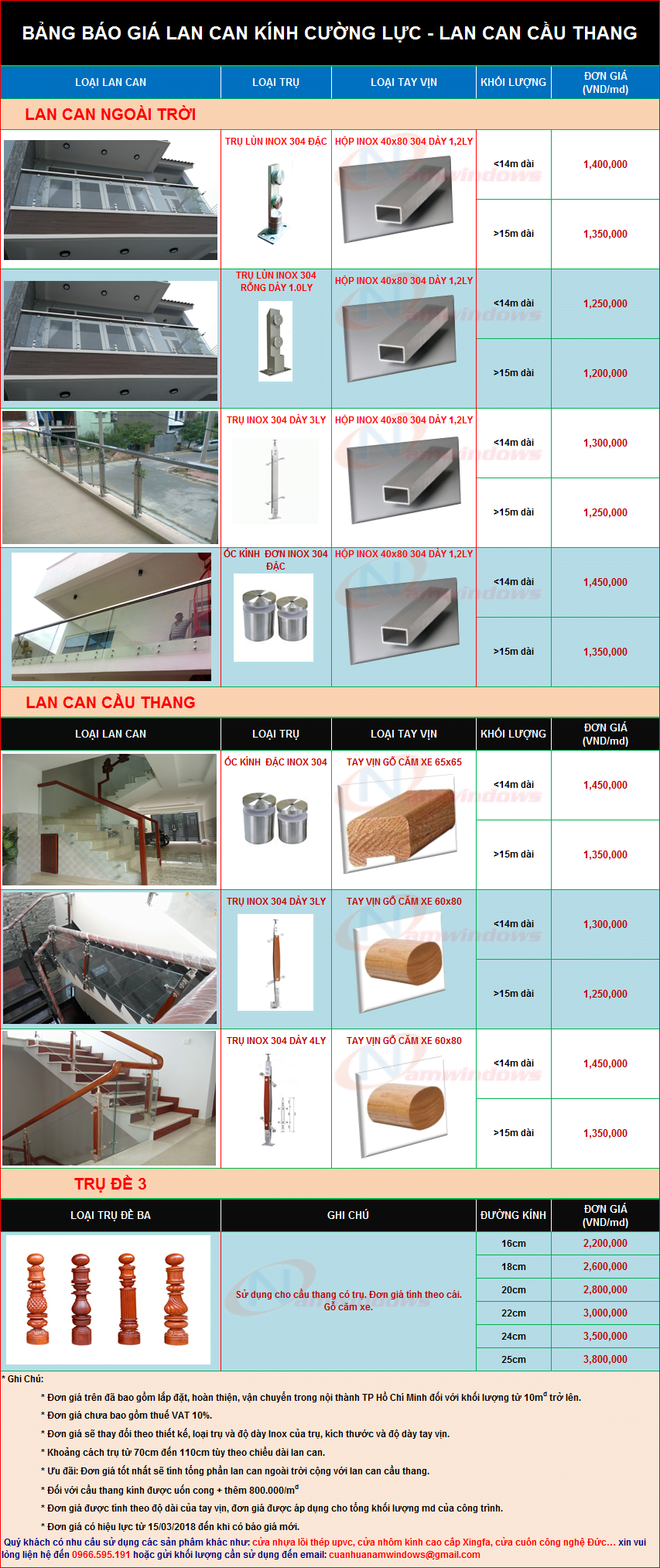 Bảng báo giá lan can kính cầu thang