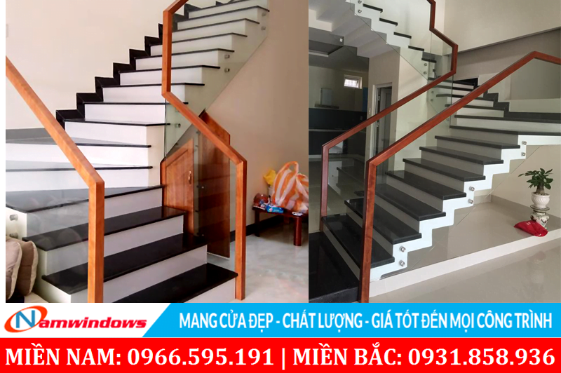 Cầu thang kính ốp bên hông tay vịn vuông
