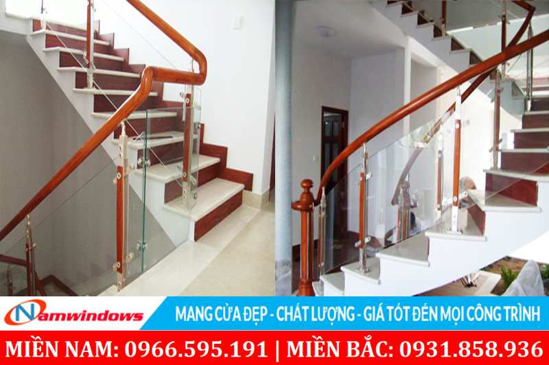 Lan can kính có trụ ốp trên đá cầu thang
