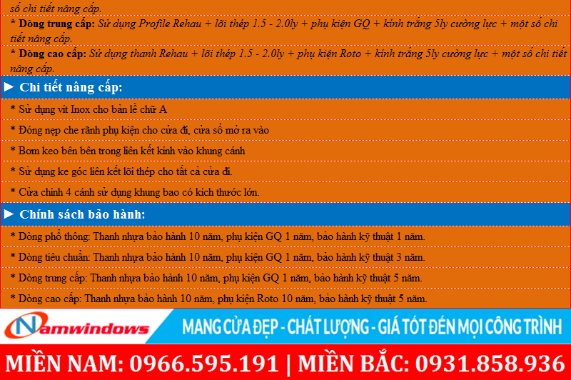 Ghi chú về chính sách bảo hành của Namwindows nằm ở phần ghi chú của bảng giá