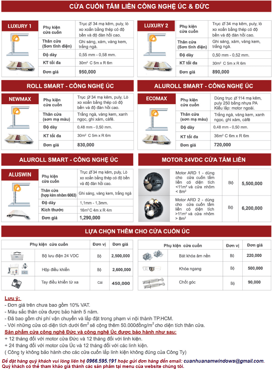 Báo giá cửa cuốn tấm liền Úc