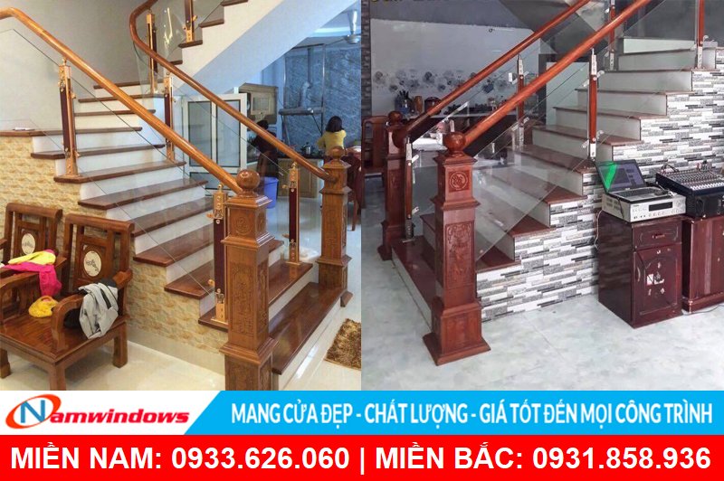 Mẫu lan can kính trụ đề ba vuông