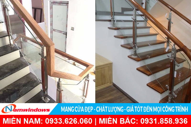 Mẫu lan can kính trụ ốp gỗ bắt trên mặt