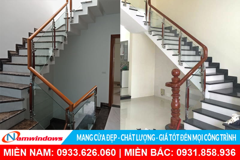 Mẫu lan can kính trụ ốp gỗ bên hông