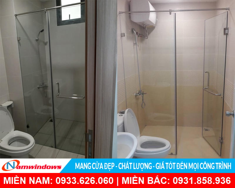 Phòng tắm kính 90 độ chia đôi nhà tắm