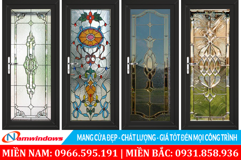 Mẫu cửa nhôm màu sử dụng kính hoa đồng