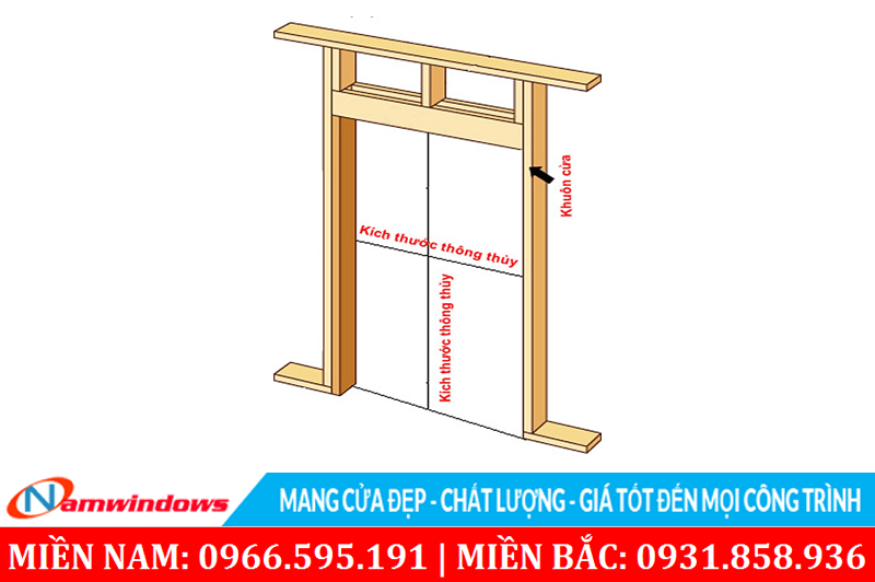 Kích thước lọt lòng cửa chính 2 cánh phải + thêm khung bao