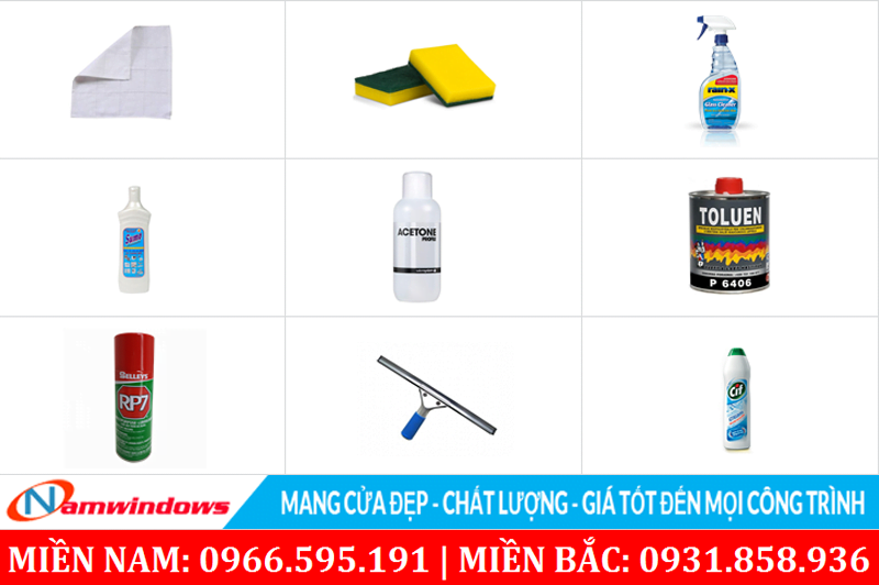 Dụng cụ và các dung dịch vệ sinh cửa nhựa uPVC