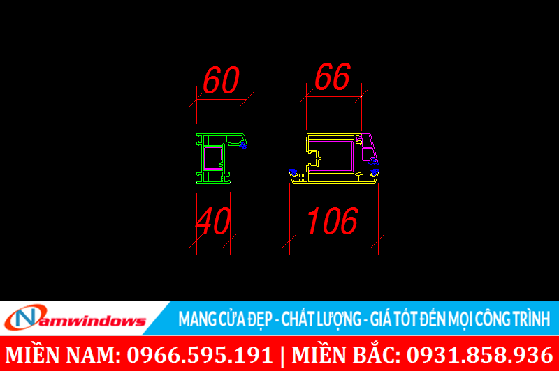 Kích thước mặt cắt cửa nhựa uPVC