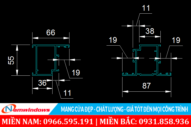 Kích thước mặt cắt của thanh nhôm