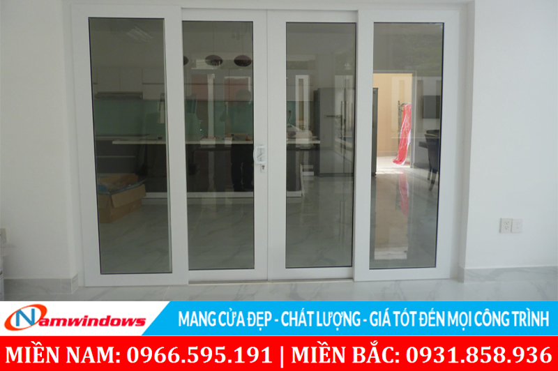 Mẫu 17: Cửa đi lùa 4 cánh ray inox ngăn phòng
