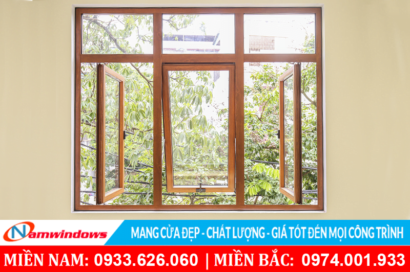 Cửa sổ hất bằng nhôm Xingfa vân gỗ