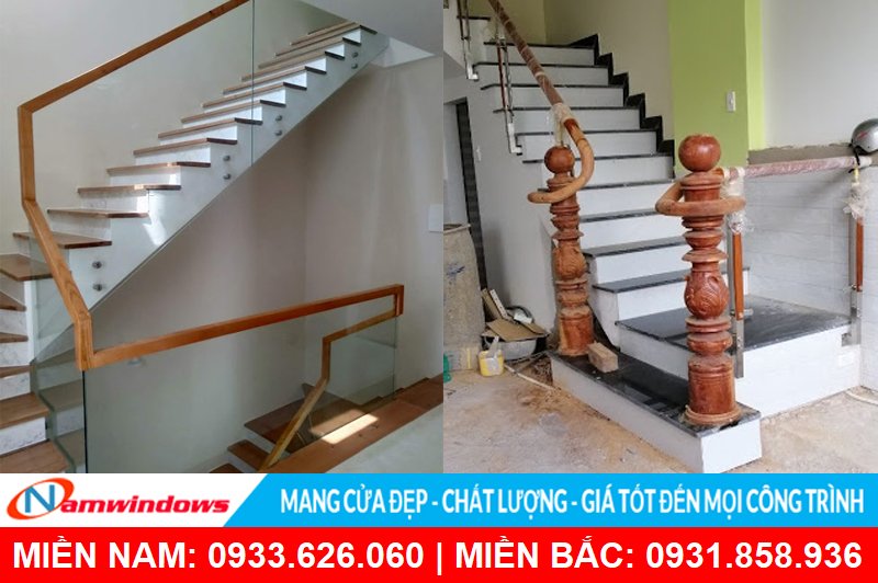 Mẫu lan can kính cường lực ốp gỗ đẹp