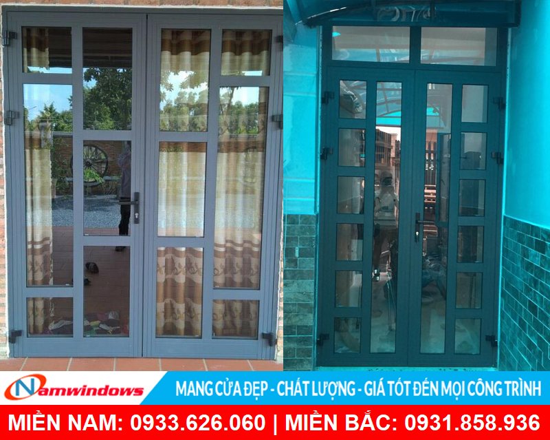 Cửa đi 2 cánh nhôm kính chia ô, chia đố