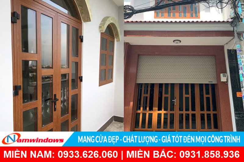 Mẫu cửa nhôm xingfa vân gỗ chia đố to vừa