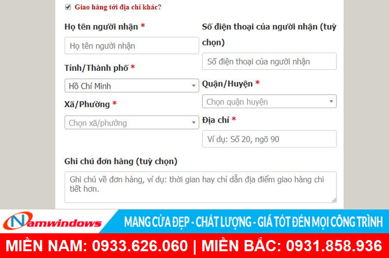 Form đặt mua phụ kiện cửa nhôm tại Namwindows