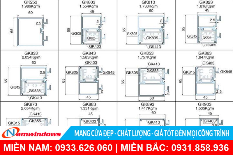 Mặt cắt profile xingfa hệ 65