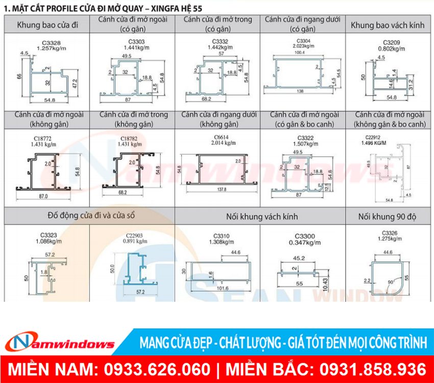 Mặt cắt profile xingfa hệ 55