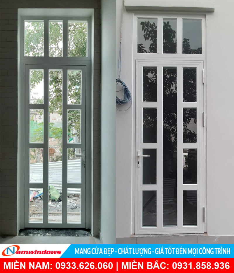 Mẫu cửa đi nhôm xingfa 1 cánh màu trắng chia đố an toàn
