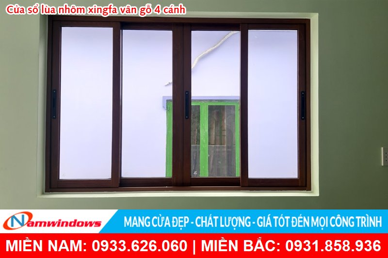 Cửa sổ 4 cánh lùa nhôm xingfa vân gỗ