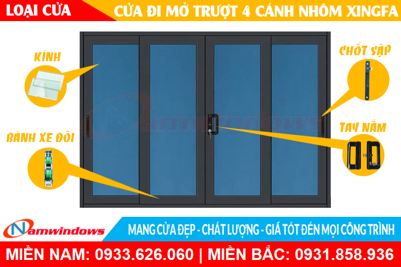 Cửa đi mở trượt 4 cánh nhôm xingfa - Namwindows