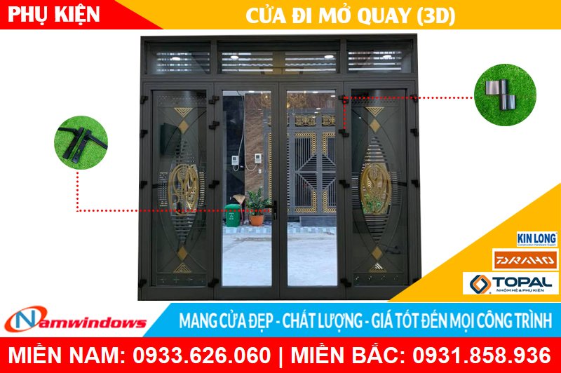Cửa đi nhôm xingfa sử dụng phụ kiện bản lề 3D
