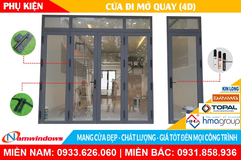 Cửa đi nhôm xingfa sử dụng phụ kiện bản lề 4D