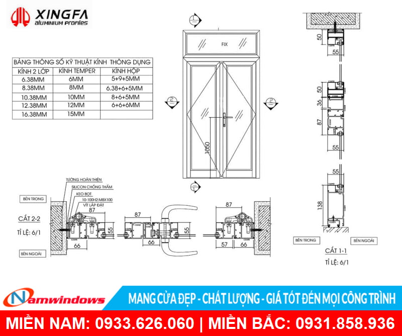 Bản vẽ kỹ thuật cửa đi 2 cánh mở quay