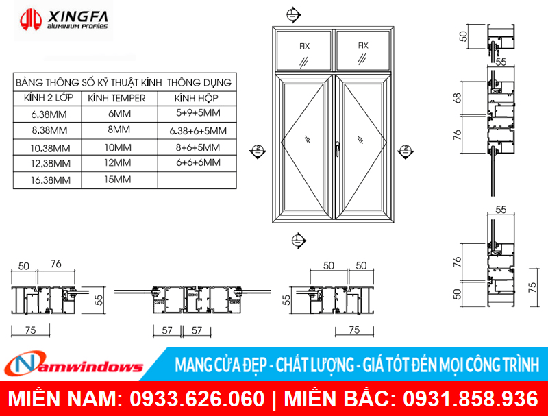 Bản vẽ kỹ thuật cửa sổ mở quay 2 cánh nhôm xingfa