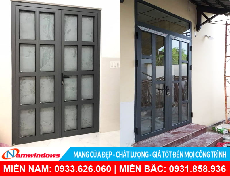 Cửa đi nhôm kính xingfa chia đố 2 cánh