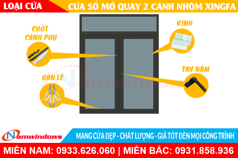 Chi tiết cửa sổ mở quay 2 cánh nhôm xingfa và phụ kiện