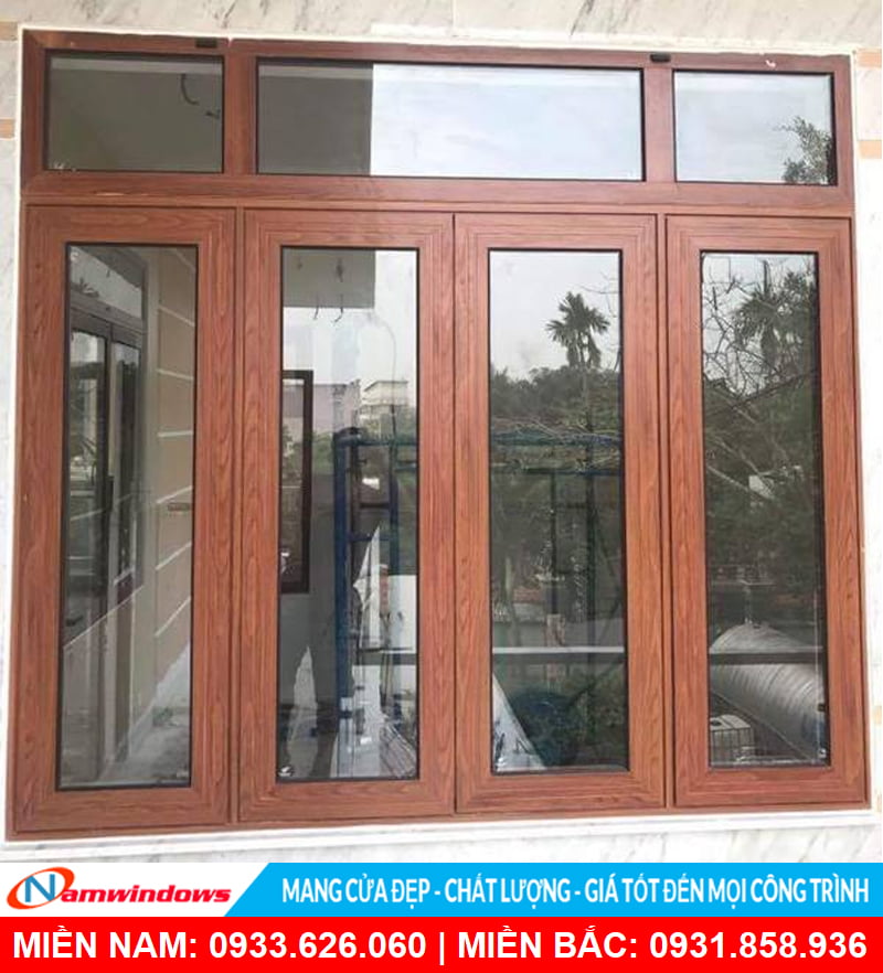 Cửa sổ mở quay 4 cánh nhôm xingfa vân gỗ