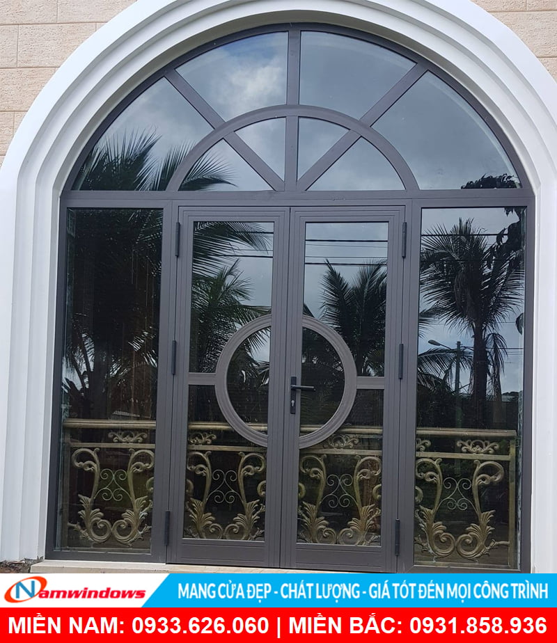 Mẫu cửa nhôm uốn vòm cho cửa đi 2 cánh xingfa