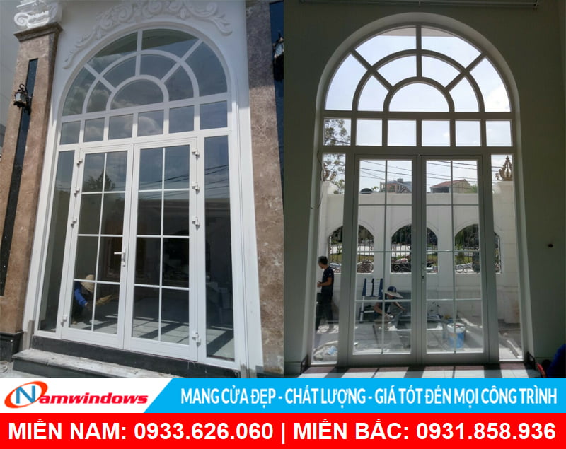 Mẫu cửa nhôm xingfa uốn vòm chia nan trang trí