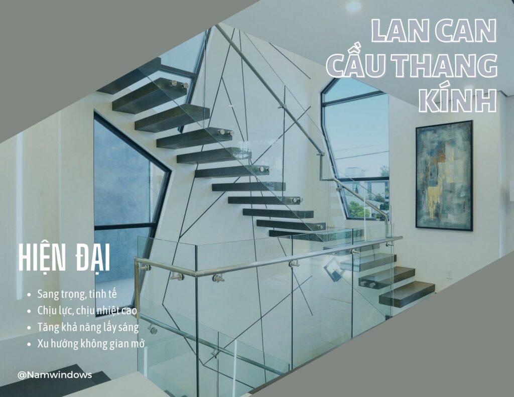 Lan can cầu thang kính