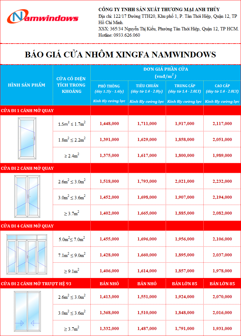 Báo giá cửa nhôm Xingfa 2022
