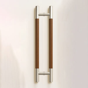 Tay nắm cửa TN129 đầu inox xước mờ, thân gỗ óc chó ø38