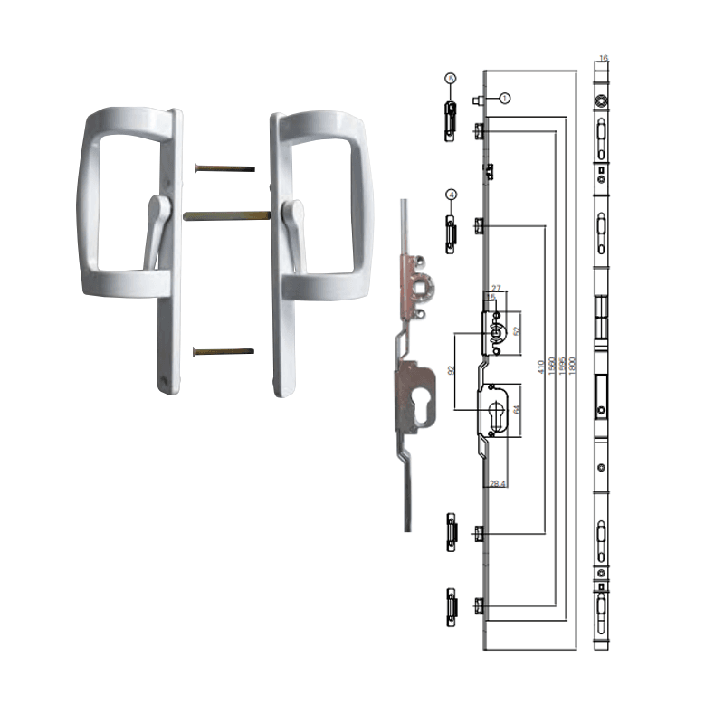 Bộ khóa đa điểm 1800 cửa lùa tay nắm chữ P GQ ASSA ABLOY