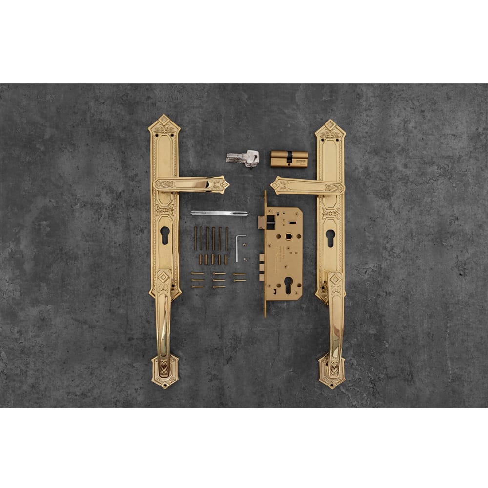 Khóa cửa gỗ đại sảnh đồng thau HC85 KING PVD Gold dài 520 - Ảnh 3